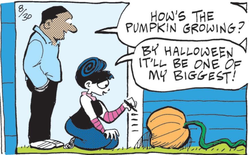 Animated cartoon OCR: 00/30 ? HOW'S THE PUMPKIN GROWING? BY HALLOWEEN IT'LL BE ONE OF MY BIGGEST! 00/30 ? HOW'S THE PUMPKIN GROWING ? BY HALLOWEEN IT'LL BE ONE OF MY BIGGEST !