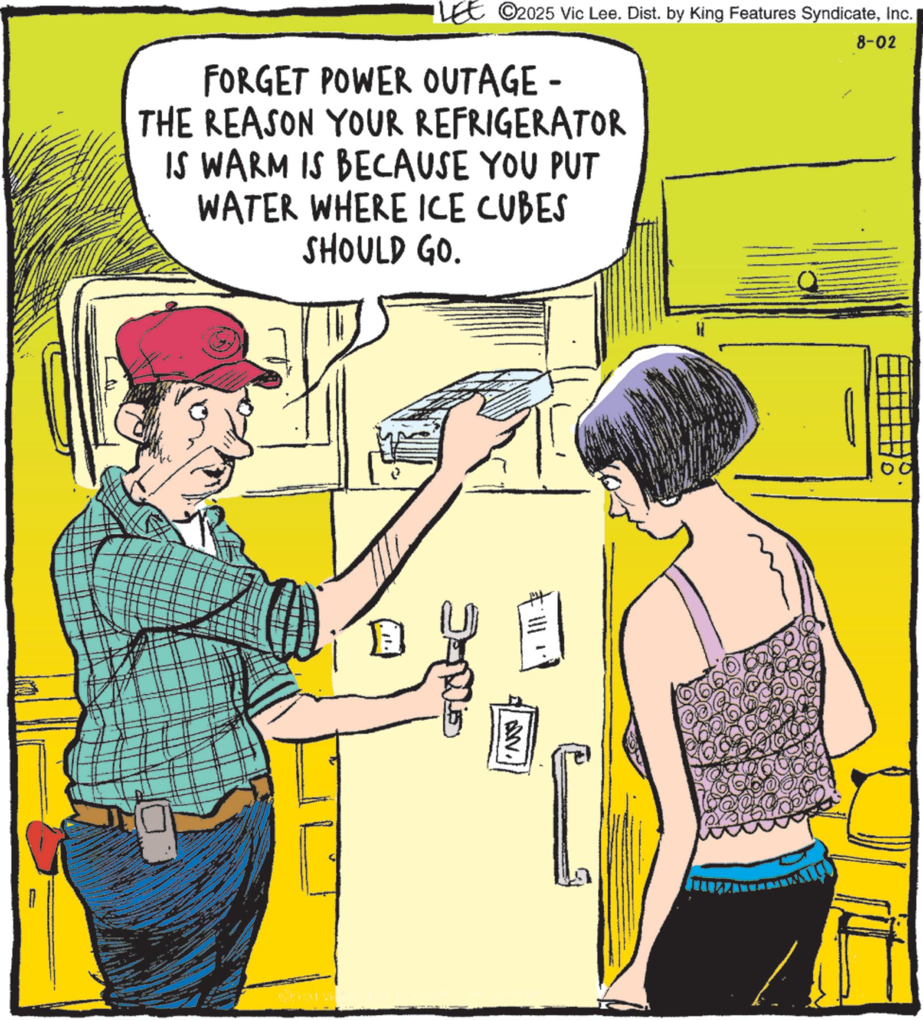 Animation OCR: C2025 Vic Lee. Dist. by King Features SyndicateInc. FORGET POWER OUTAGE - THE REASON YOUR REFRIGERATOR IS WARM IS BECAUSE YOU PUT WATER WHERE ICE CUBES 8-02 SHOULD GO. Fill W. C2025 Vic Lee . Dist . by King Features SyndicateInc. FORGET POWER OUTAGE - THE REASON YOUR REFRIGERATOR IS WARM IS BECAUSE YOU PUT WATER WHERE ICE CUBES 8-02 SHOULD GO . Fill W.