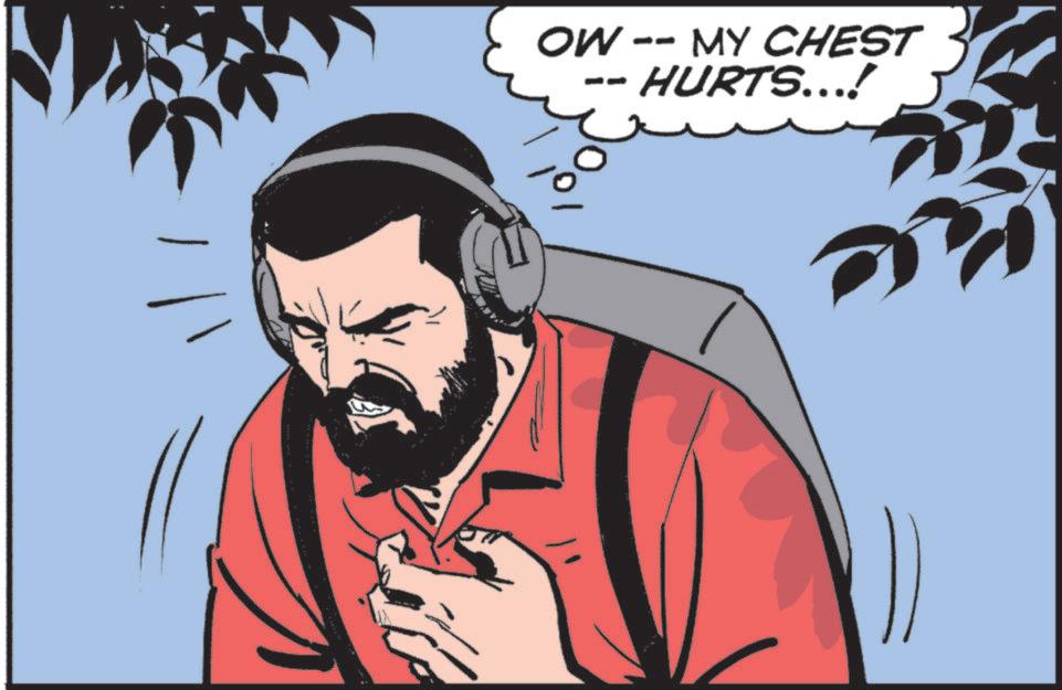 Fictional character OCR: OW -- MY CHEST -- HURTS...! OW -- MY CHEST -- HURTS ... !