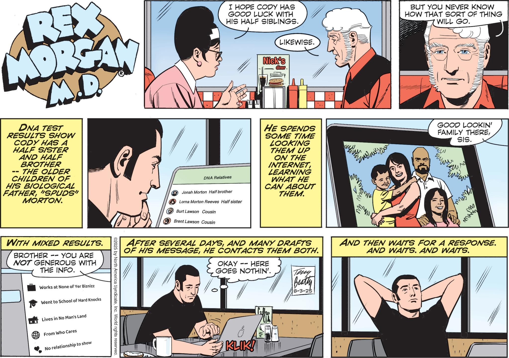 Animated cartoon OCR: REX MORGAN M.D. DNA TEST RESULTS SHOW CODY HAS A HALF SISTER AND HALF BROTHER -- - THE OLDER CHILDREN OF HIS BIOLOGICAL FATHER"SPUDS" MORTON. DNA Relatives I HOPE CODY HAS GOOD LUCK WITH HIS HALF SIBLINGS. Jonah Morton Half brother Lorna Morton Reeves Half sister Burt Lawson Cousin Brent Lawson Cousin LIKEWISE. Nick's diner WITH MIXED RESULTS. BROTHER -- YOU ARE NOT GENEROUS WITH THE INFO. Works at None of Yer Biznizz Went to School of Hard Knocks Lives in No Man's Land From Who Cares No relationship to show ©2025 by North America SyndicateInc. World rights reserved. BUT YOU NEVER KNOW HOW THAT SORT OF THING WILL GO. HE SPENDS SOME TIME LOOKING THEM UP ON THE INTERNETLEARNING WHAT HE CAN ABOUT THEM. GOOD LOOKIN' FAMILY THERESIS. m AFTER SEVERAL DAYSAND MANY DRAFTS OF HIS MESSAGEHE CONTACTS THEM BOTH. OKAY 11 HERE GOES NOTHIN'. Teny Beatty 8-3-25 AND THEN WAITS FOR A RESPONSE. AND WAITS. AND WAITS. 1157 Bo KLIK! REX MORGAN M.D. DNA TEST RESULTS SHOW CODY HAS A HALF SISTER AND HALF BROTHER -- - THE OLDER CHILDREN OF HIS BIOLOGICAL FATHER" SPUDS " MORTON . DNA Relatives I HOPE CODY HAS GOOD LUCK WITH HIS HALF SIBLINGS . Jonah Morton Half brother Lorna Morton Reeves Half sister Burt Lawson Cousin Brent Lawson Cousin LIKEWISE . Nick's diner WITH MIXED RESULTS . BROTHER -- YOU ARE NOT GENEROUS WITH THE INFO . Works at None of Yer Biznizz Went to School of Hard Knocks Lives in No Man's Land From Who Cares No relationship to show © 2025 by North America SyndicateInc. World rights reserved . BUT YOU NEVER KNOW HOW THAT SORT OF THING WILL GO . HE SPENDS SOME TIME LOOKING THEM UP ON THE INTERNETLEARNING WHAT HE CAN ABOUT THEM . GOOD LOOKIN ' FAMILY THERESIS . m AFTER SEVERAL DAYSAND MANY DRAFTS OF HIS MESSAGEHE CONTACTS THEM BOTH . OKAY 11 HERE GOES NOTHIN ' . Teny Beatty 8-3-25 AND THEN WAITS FOR A RESPONSE . AND WAITS . AND WAITS . 1157 Bo KLIK !