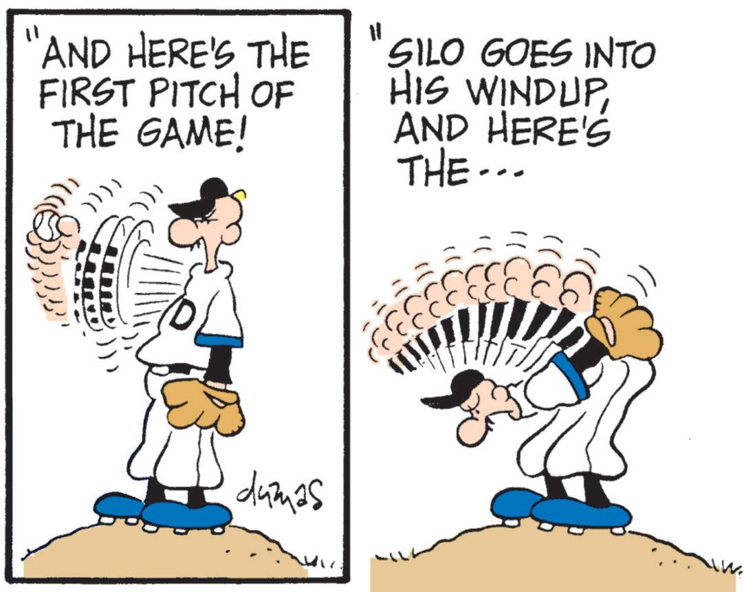 Animated cartoon OCR: 'AND HERE'S THE FIRST PITCH OF THE GAME! )))) dumas 11 == SILO GOES INTO HIS WINDUPAND HERE'S THE... ECCCCCC ?))) ' AND HERE'S THE FIRST PITCH OF THE GAME ! ) ) ) ) dumas 11 == SILO GOES INTO HIS WINDUPAND HERE'S THE ... ECCCCCC ? ) ) )