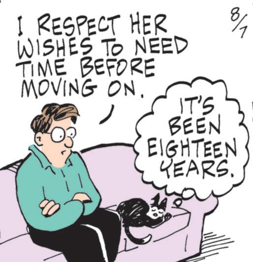 Photo caption OCR: I RESPECT HER WISHES TO NEED TIME BEFORE MOVING ON. 7 3 8/1 IT'S BEEN EIGHTEEN YEARS. I RESPECT HER WISHES TO NEED TIME BEFORE MOVING ON . 7 3 8/1 IT'S BEEN EIGHTEEN YEARS .