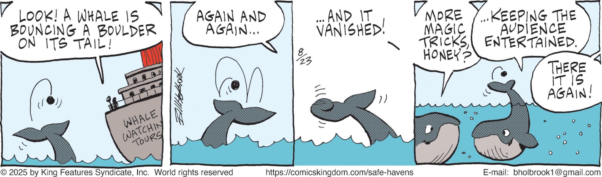 Marine biology OCR: LOOK! A WHALE IS BOUNCING A BOULDER ON ITS TAIL! WHALE WATCHIN TOURS 7009944114 AGAIN AND AGAIN... ... AND IT VANISHED! MORE MAGIC TRICKS KEEPING THE AUDIENCE ENTERTAINED. HONEY? 23 THERE ??? © 2025 by King Features SyndicateInc. World rights reserved https://comicskingdom.com/safe-havens IT IS AGAIN! E-mail: bholbrook1@gmail.com LOOK ! A WHALE IS BOUNCING A BOULDER ON ITS TAIL ! WHALE WATCHIN TOURS 7009944114 AGAIN AND AGAIN ... ... AND IT VANISHED ! MORE MAGIC TRICKS KEEPING THE AUDIENCE ENTERTAINED . HONEY ? 23 THERE ??? © 2025 by King Features SyndicateInc. World rights reserved https://comicskingdom.com/safe-havens IT IS AGAIN ! E - mail : bholbrook1@gmail.com