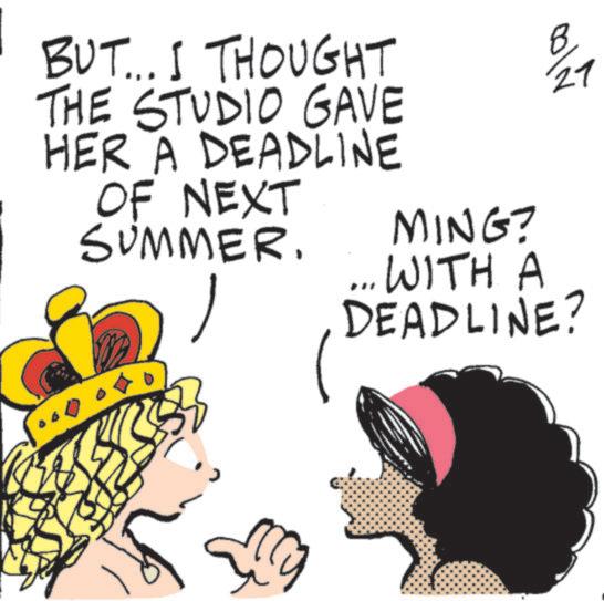 Sketch OCR: BUT... I THOUGHT THE STUDIO GAVE HER A DEADLINE OF NEXT SUMMER. MING? ... WITH A DEADLINE? ???? 27 BUT ... I THOUGHT THE STUDIO GAVE HER A DEADLINE OF NEXT SUMMER . MING ? ... WITH A DEADLINE ? ???? 27
