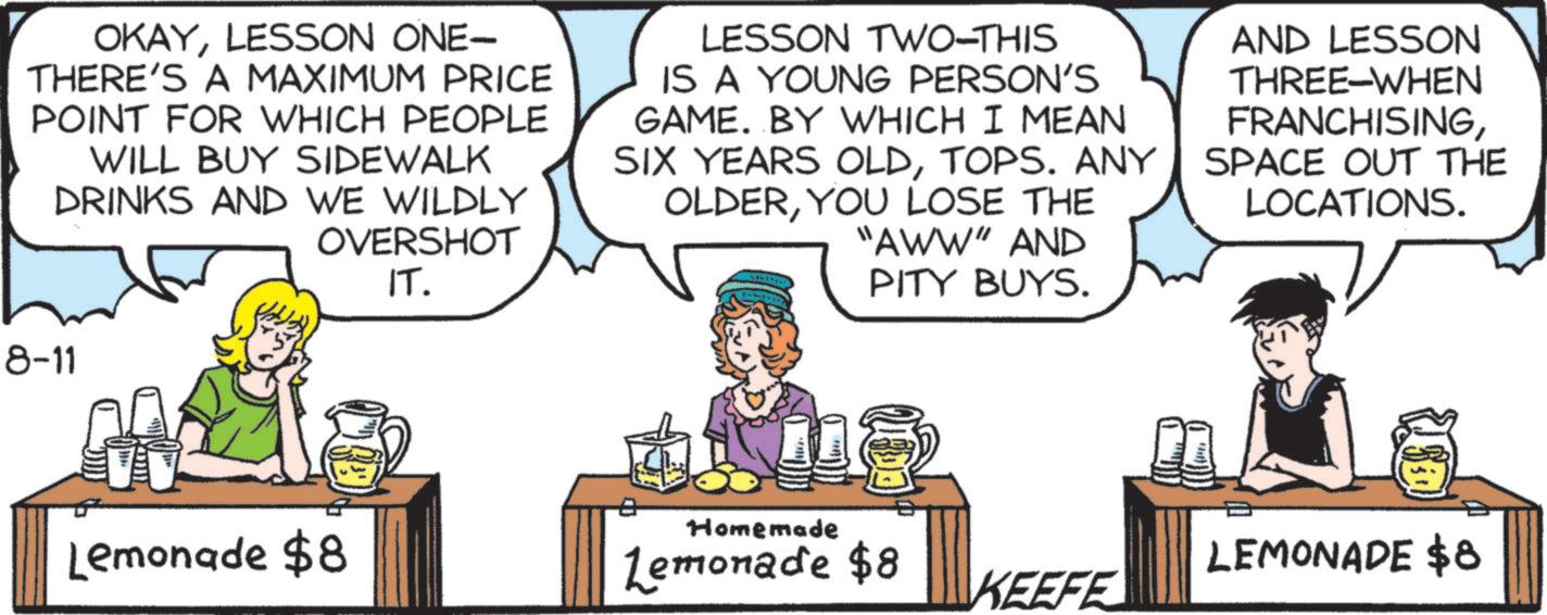 Comic book OCR: OKAYLESSON ONE- THERE'S A MAXIMUM PRICE POINT FOR WHICH PEOPLE WILL BUY SIDEWALK DRINKS AND WE WILDLY OVERSHOT IT. LESSON TWO-THIS IS A YOUNG PERSON'S GAME. BY WHICH I MEAN SIX YEARS OLDTOPS. ANY OLDERYOU LOSE THE "AWW" AND PITY BUYS. AND LESSON THREE-WHEN FRANCHISINGSPACE OUT THE LOCATIONS. 8-11 Homemade Lemonade $8 Lemonade $8 LEMONADE $8 KEEFE OKAYLESSON ONE- THERE'S A MAXIMUM PRICE POINT FOR WHICH PEOPLE WILL BUY SIDEWALK DRINKS AND WE WILDLY OVERSHOT IT . LESSON TWO - THIS IS A YOUNG PERSON'S GAME . BY WHICH I MEAN SIX YEARS OLDTOPS . ANY OLDERYOU LOSE THE " AWW " AND PITY BUYS . AND LESSON THREE - WHEN FRANCHISINGSPACE OUT THE LOCATIONS . 8-11 Homemade Lemonade $ 8 Lemonade $ 8 LEMONADE $ 8 KEEFE
