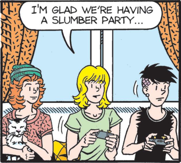 Fictional character OCR: I'M GLAD WE'RE HAVING A SLUMBER PARTY... KEEFE 0 I'M GLAD WE'RE HAVING A SLUMBER PARTY ... KEEFE 0