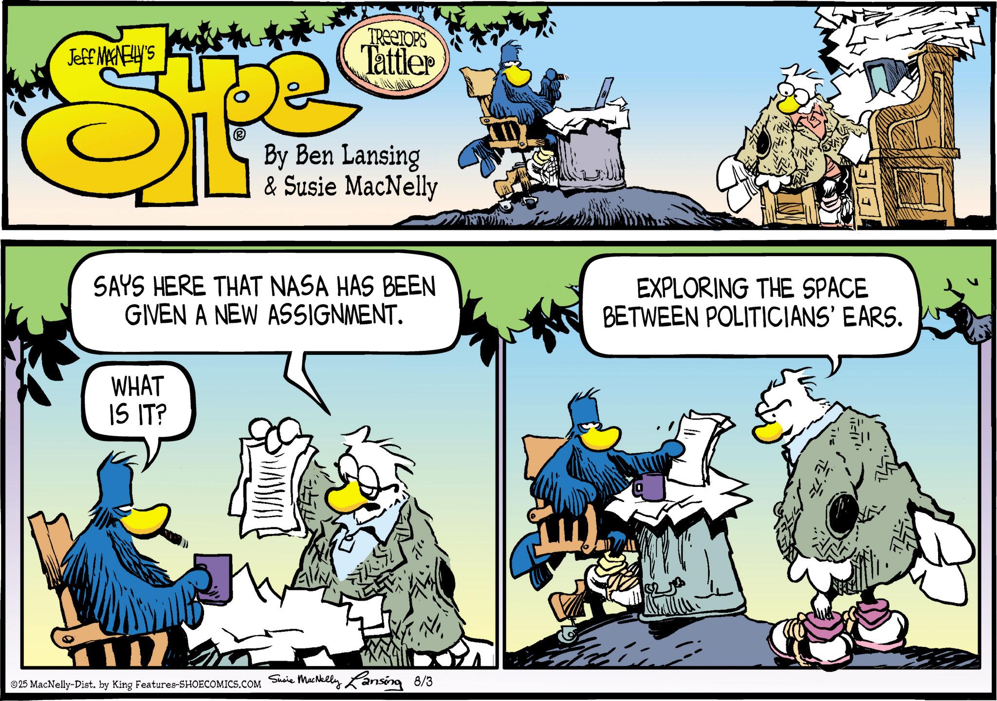 Beak OCR: Jeff MANELLY'S .. TREETOPS Tattler By Ben Lansing & Susie MacNelly SAYS HERE THAT NASA HAS BEEN GIVEN A NEW ASSIGNMENT. WHAT IS IT? EXPLORING THE SPACE BETWEEN POLITICIANS' EARS. ©25 MacNelly-Dist. by King Features-SHOECOMICS.COM Susie MacNelly Lansing 8/3 Jeff MANELLY'S .. TREETOPS Tattler By Ben Lansing & Susie MacNelly SAYS HERE THAT NASA HAS BEEN GIVEN A NEW ASSIGNMENT . WHAT IS IT ? EXPLORING THE SPACE BETWEEN POLITICIANS ' EARS . © 25 MacNelly - Dist . by King Features-SHOECOMICS.COM Susie MacNelly Lansing 8/3