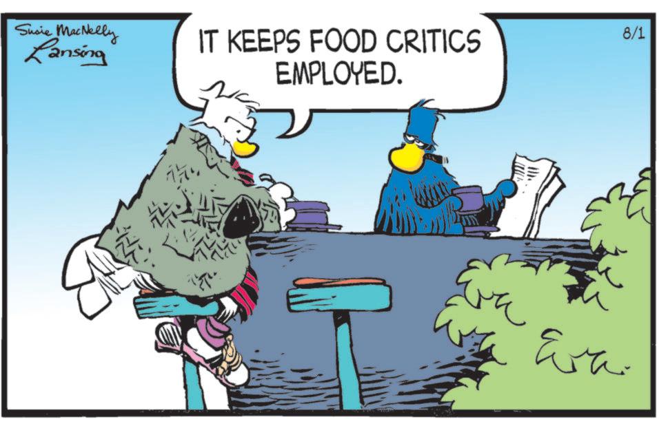 Comic book OCR: Susie MacNelly Lansing TH IT KEEPS FOOD CRITICS EMPLOYED. 8/1 Eva. Susie MacNelly Lansing TH IT KEEPS FOOD CRITICS EMPLOYED . 8/1 Eva .