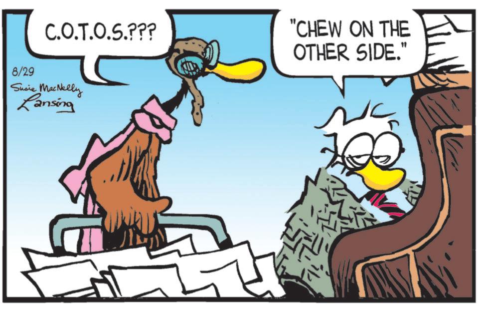 Bird OCR: C.O.T.O.S.??? 8/29 Susie MacNelly Lansing "CHEW ON THE OTHER SIDE." C.O.T.O.S . ??? 8/29 Susie MacNelly Lansing " CHEW ON THE OTHER SIDE . "