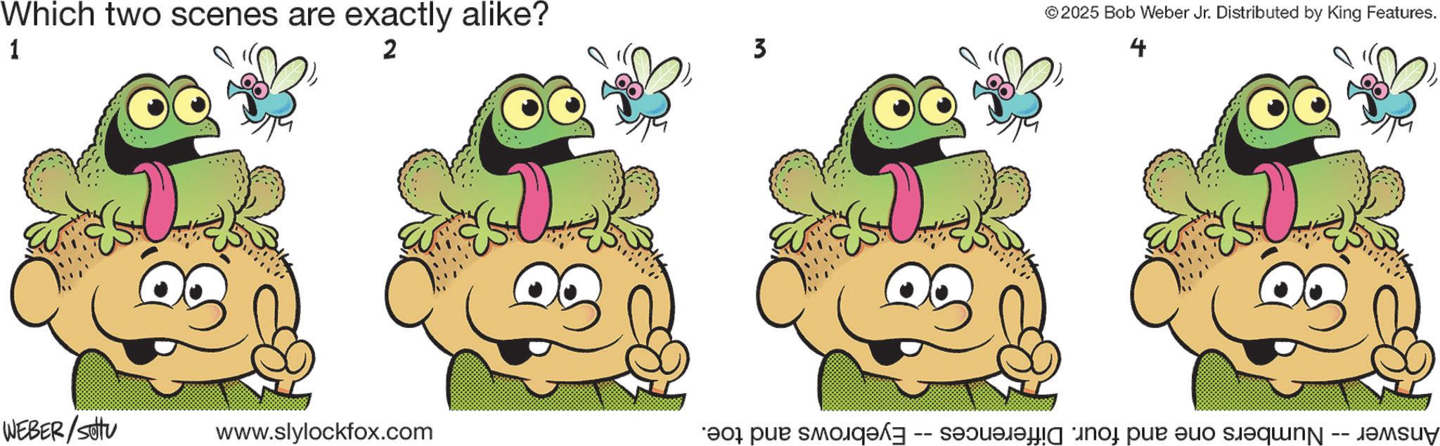 Line art OCR: Which two scenes are exactly alike? 1 2 WEBER/Sotu www.slylockfox.com 3 © 2025 Bob Weber Jr. Distributed by King Features. 4 Answer Numbers one and four. Differences -- Eyebrows and toe. Which two scenes are exactly alike ? 1 2 WEBER / Sotu www.slylockfox.com 3 © 2025 Bob Weber Jr. Distributed by King Features . 4 Answer Numbers one and four . Differences -- Eyebrows and toe .
