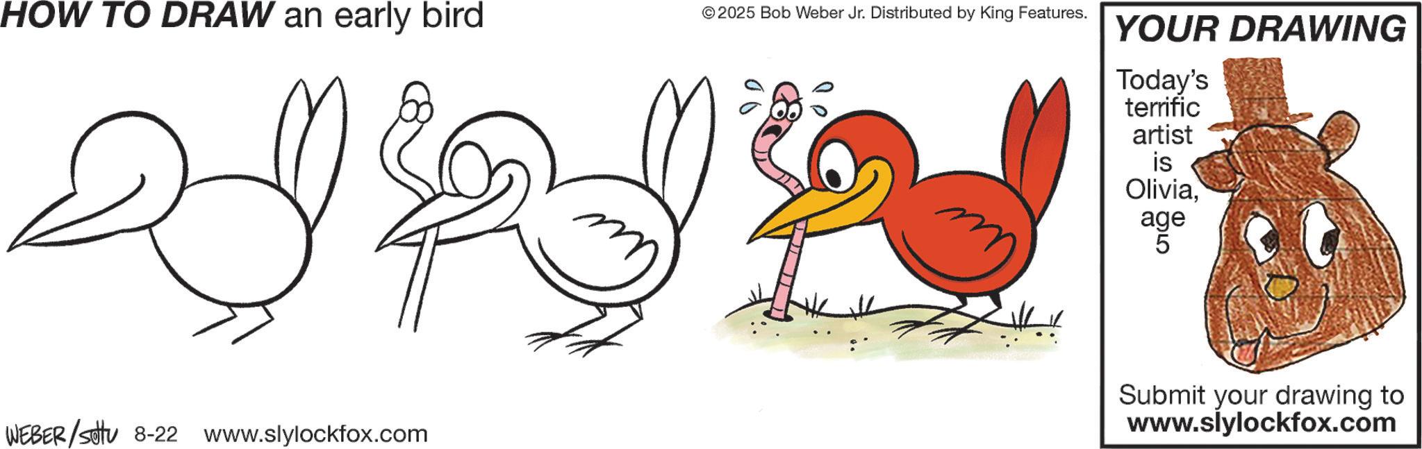 Sketch OCR: HOW TO DRAW an early bird © 2025 Bob Weber Jr. Distributed by King Features. YOUR DRAWING SAN Today's terrific artist is Oliviaage 5 WEBER/sottu 8-22 www.slylockfox.com Submit your drawing to www.slylockfox.com HOW TO DRAW an early bird © 2025 Bob Weber Jr. Distributed by King Features . YOUR DRAWING SAN Today's terrific artist is Oliviaage 5 WEBER / sottu 8-22 www.slylockfox.com Submit your drawing to www.slylockfox.com