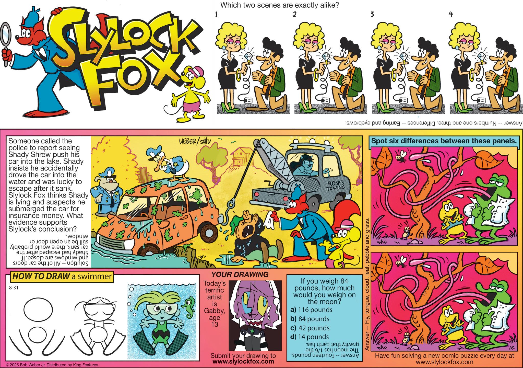 Graphics OCR: SLOCK FOX Someone called the police to report seeing Shady Shrew push his car into the lake. Shady insists he accidentally drove the car into the water and was lucky to escape after it sank. Slylock Fox thinks Shady is lying and suspects he submerged the car for insurance money. What evidence supports Slylock's conclusion? od pon •????? ???? ?s? ??? ??? ????? ??? ?????? ??? a b c o s HOW TO DRAW a swimmer WEBER/SOU 8-31 1 w Which two scenes are exactly alike? 2 ROSA'S TOWING YOUR DRAWING Today's terrific artist is GabbyIf you weigh 84 poundshow much would you weigh on the moon? a) 116 pounds age 13 b) 84 pounds c) 42 pounds 2025 Bob Weber Jr. Distributed by King Features. Submit your drawing to www.slylockfox.com d) 14 pounds sey ????? ????? / set to spund 3 ???????? ??? ???-??? ???? ??? ??? ??????? -- ?????? -- Spot six differences between these panels. Answer Flypebble and grass. Have fun solving a new comic puzzle every day at www.slylockfox.com SLOCK FOX Someone called the police to report seeing Shady Shrew push his car into the lake . Shady insists he accidentally drove the car into the water and was lucky to escape after it sank . Slylock Fox thinks Shady is lying and suspects he submerged the car for insurance money . What evidence supports Slylock's conclusion ? od pon • ????? ???? ?s? ??? ??? ????? ??? ?????? ??? a b c o s HOW TO DRAW a swimmer WEBER / SOU 8-31 1 w Which two scenes are exactly alike ? 2 ROSA'S TOWING YOUR DRAWING Today's terrific artist is GabbyIf you weigh 84 poundshow much would you weigh on the moon ? a ) 116 pounds age 13 b ) 84 pounds c ) 42 pounds 2025 Bob Weber Jr. Distributed by King Features . Submit your drawing to www.slylockfox.com d ) 14 pounds sey ????? ????? / set to spund 3 ???????? ??? ??? - ??? ???? ??? ??? ??????? -- ?????? -- Spot six differences between these panels . Answer Flypebble and grass . Have fun solving a new comic puzzle every day at www.slylockfox.com
