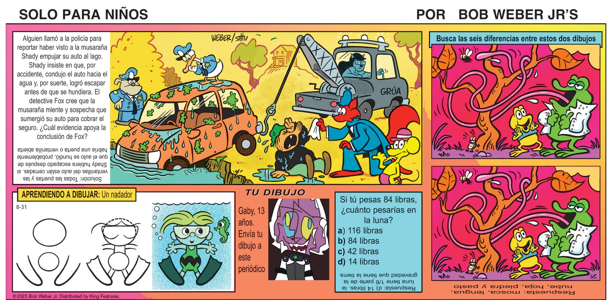 Comic book OCR: SOLO PARA NIÑOS Alguien llamó a la policía para reportar haber visto a la musaraña Shady empujar su auto al lago. Shady insiste en quepor accidentecondujo el auto hacia el agua ylogró escapar antes de que se hundiera. El detective Fox cree que la musaraña miente y sospecha que sumergió su auto para cobrar el seguro. ¿Cuál evidencia apoya la conclusión de Fox? habría una puerta o ventanilla abierta que el auto se hundióprobablemente Shady hubiera escapado después de ventanillas del auto están cerradas. si Solución: Todas las puertas y las WEBER/SOU GRÚA CO APRENDIENDO A DIBUJAR: Un nadador 8-31 TU DIBUJO Gaby13 años. Envía tu dibujo a este periódico Si tú pesas 84 libras¿cuánto pesarías en la luna? a) 116 libras b) 84 libras c) 42 libras d) 14 libras 2025 Bob Weber Jr. Distributed by King Features. POR BOB WEBER JR'S Busca las seis diferencias entre estos dos dibujos nubepiedra y pasto Respuesta: moscagravedad que tiene la luna tiene 1/6 parte de la Respuesta: d) 14 libras. la tierra SOLO PARA NIÑOS Alguien llamó a la policía para reportar haber visto a la musaraña Shady empujar su auto al lago . Shady insiste en quepor accidentecondujo el auto hacia el agua ypor suertelogró escapar antes de que se hundiera . El detective Fox cree que la musaraña miente y sospecha que sumergió su auto para cobrar el seguro . ¿ Cuál evidencia apoya la conclusión de Fox ? habría una puerta o ventanilla abierta que el auto se hundióprobablemente Shady hubiera escapado después de ventanillas del auto están cerradas . si Solución : Todas las puertas y las WEBER / SOU GRÚA CO APRENDIENDO A DIBUJAR : Un nadador 8-31 TU DIBUJO Gaby13 años . Envía tu dibujo a este periódico Si tú pesas 84 libras¿ cuánto pesarías en la luna ? a ) 116 libras b ) 84 libras c ) 42 libras d ) 14 libras 2025 Bob Weber Jr. Distributed by King Features . POR BOB WEBER JR'S Busca las seis diferencias entre estos dos dibujos nubepiedra y pasto Respuesta : moscagravedad que tiene la luna tiene 1/6 parte de la Respuesta : d ) 14 libras . la tierra