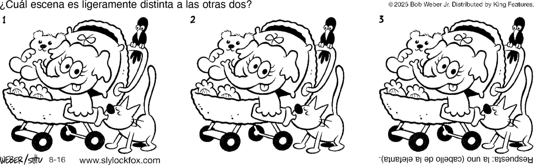 Coloring book OCR: ¿Cuál escena es ligeramente distinta a las otras dos? 1 2 3 2025 Bob Weber Jr. Distributed by King Features. WEBER/Sat 8-16 www.slylockfox.com (prie b as per oun bj :räs?nds?y ¿ Cuál escena es ligeramente distinta a las otras dos ? 1 2 3 2025 Bob Weber Jr. Distributed by King Features . WEBER / Sat 8-16 www.slylockfox.com ( prie b as per oun bj : räs?nds?y