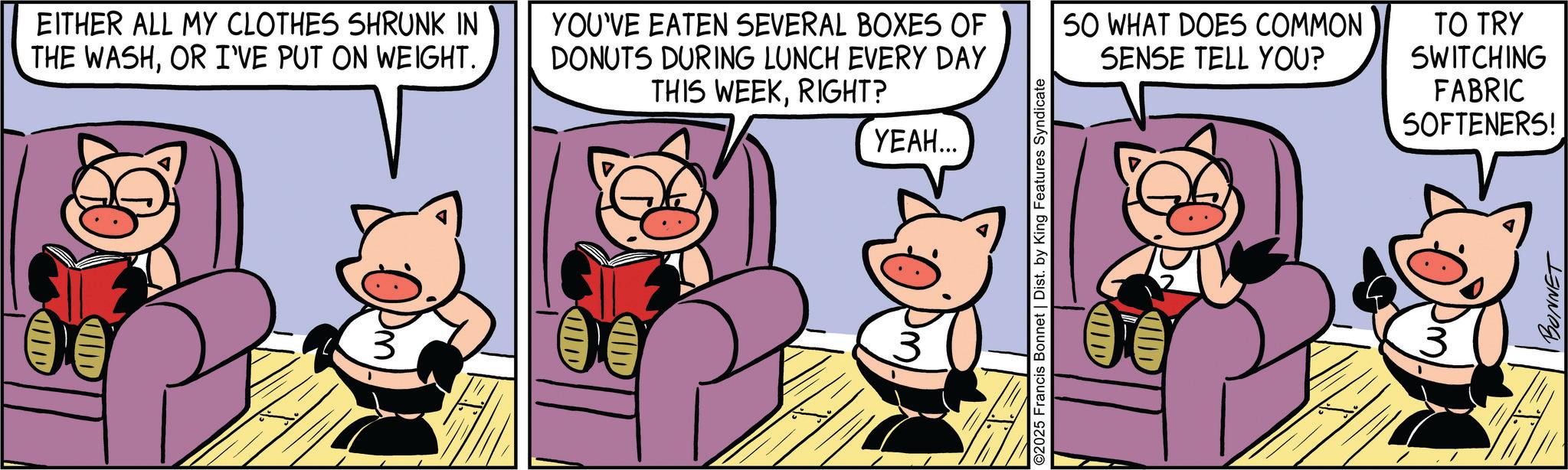 Publication OCR: ID EITHER ALL MY CLOTHES SHRUNK IN THE WASHOR I'VE PUT ON WEIGHT. YOU'VE EATEN SEVERAL BOXES OF DONUTS DURING LUNCH EVERY DAY THIS WEEKRIGHT? YEAH... ©2025 Francis Bonnet | Dist. by King Features Syndicate SO WHAT DOES COMMON SENSE TELL YOU? TO TRY SWITCHING FABRIC SOFTENERS! BONNET ID EITHER ALL MY CLOTHES SHRUNK IN THE WASHOR I'VE PUT ON WEIGHT . YOU'VE EATEN SEVERAL BOXES OF DONUTS DURING LUNCH EVERY DAY THIS WEEKRIGHT ? YEAH ... © 2025 Francis Bonnet | Dist . by King Features Syndicate SO WHAT DOES COMMON SENSE TELL YOU ? TO TRY SWITCHING FABRIC SOFTENERS ! BONNET