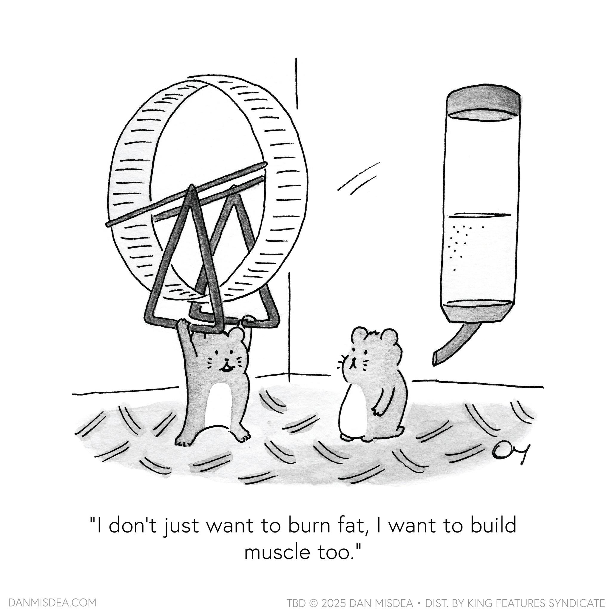 Line art OCR: DANMISDEA.COM "I don't just want to burn fatI want to build muscle too." TBD 2025 DAN MISDEA • DIST. BY KING FEATURES SYNDICATE DANMISDEA.COM " I don't just want to burn fatI want to build muscle too . " TBD 2025 DAN MISDEA • DIST . BY KING FEATURES SYNDICATE