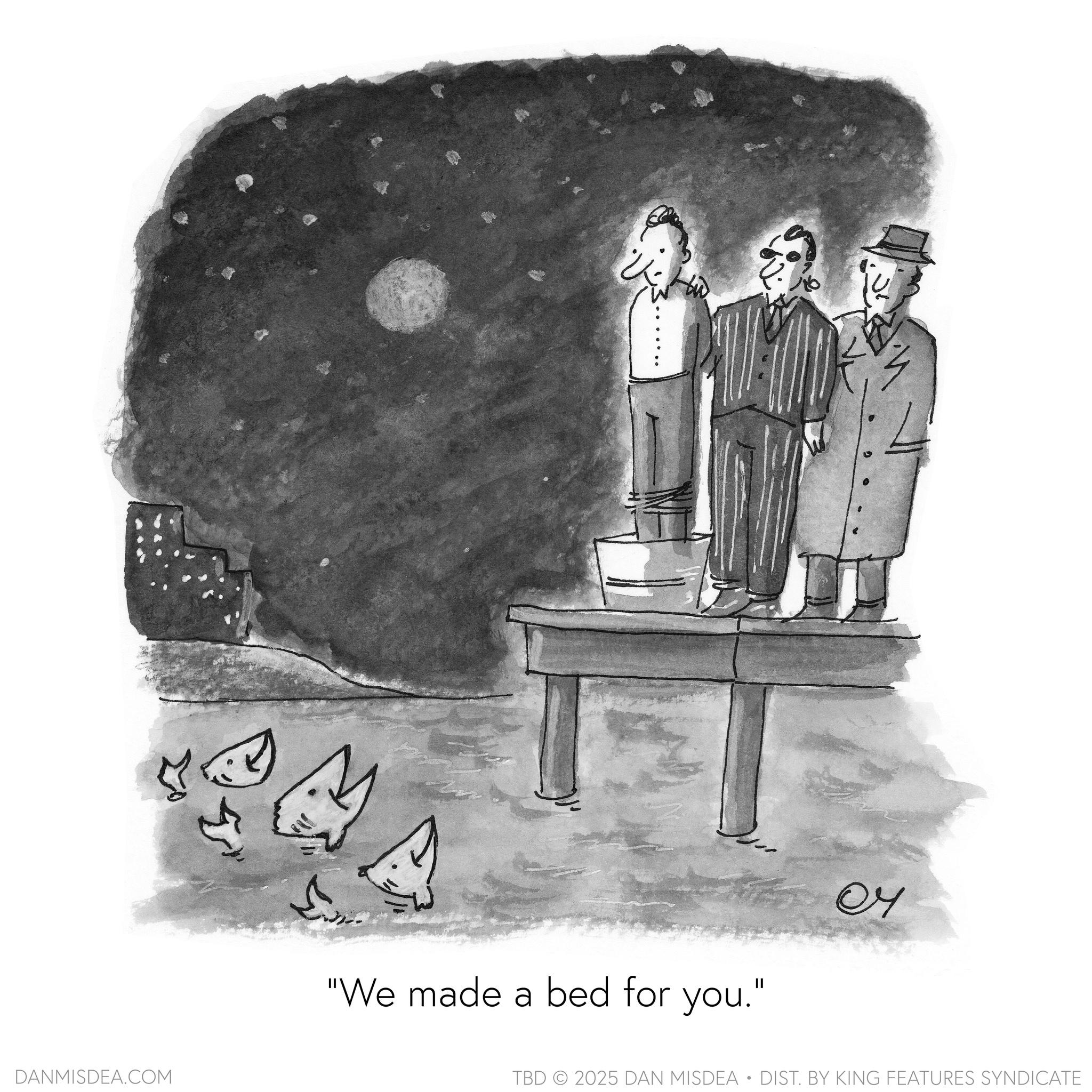 Photo caption Faces (1) OCR: DANMISDEA.COM "We made a bed for you." TBD 2025 DAN MISDEA • DIST. BY KING FEATURES SYNDICATE DANMISDEA.COM " We made a bed for you . " TBD 2025 DAN MISDEA • DIST . BY KING FEATURES SYNDICATE