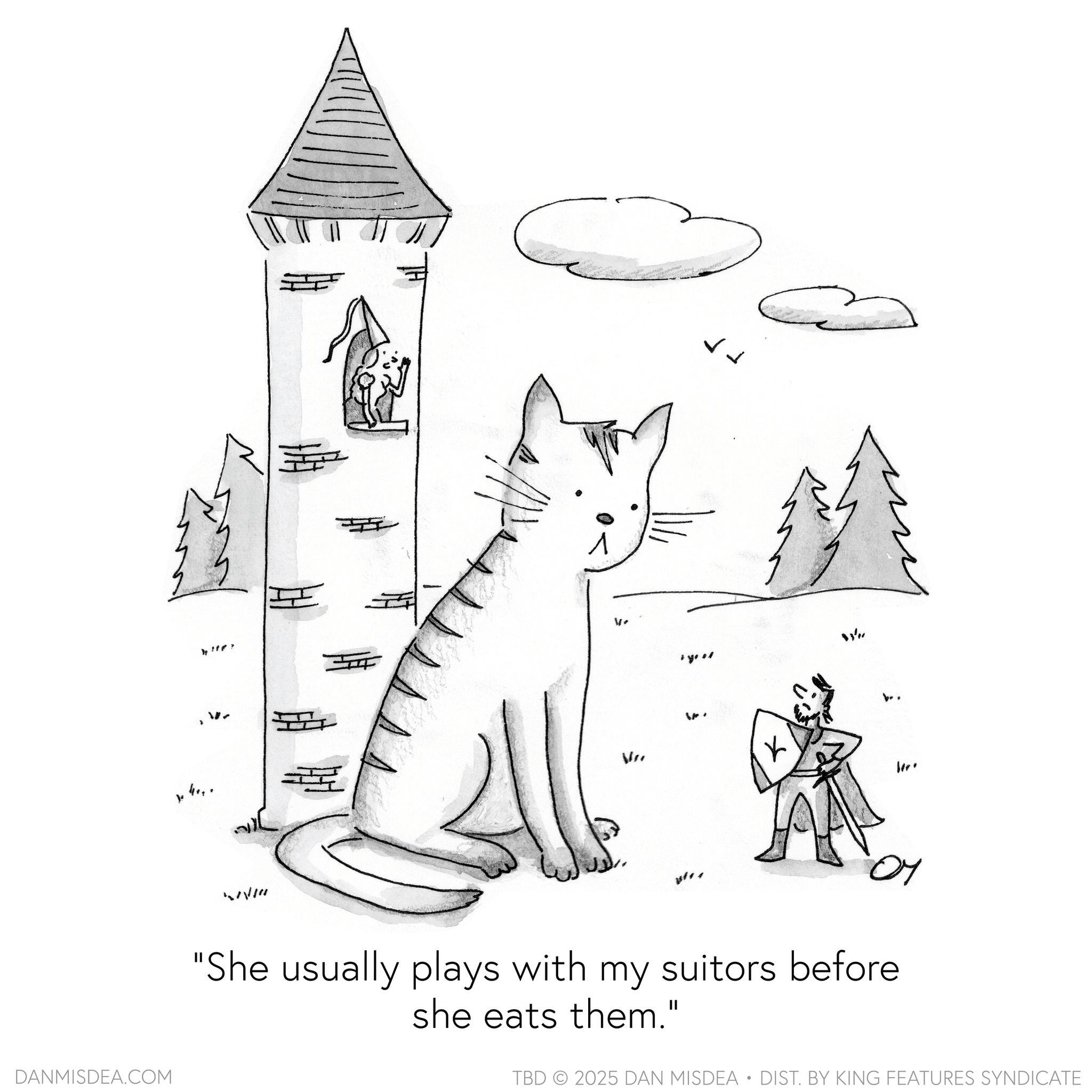 Tail OCR: DANMISDEA.COM 4!!?? V. W WI VI b.. "She usually plays with my suitors before she eats them." TBD 2025 DAN MISDEA • DIST. BY KING FEATURES SYNDICATE DANMISDEA.COM 4 !! ?? V. W WI VI b .. " She usually plays with my suitors before she eats them . " TBD 2025 DAN MISDEA • DIST . BY KING FEATURES SYNDICATE