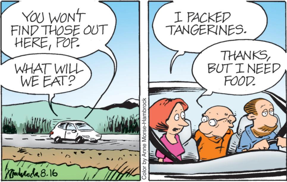 Photo caption OCR: Xamrock8.16 YOU WON'T FIND THOSE OUT HEREPOP. WHAT WILL WE EAT? I PACKED TANGERINES. THANKSBUT I NEED FOOD. Color by Anne Morse-Hambrock Xamrock8.16 YOU WON'T FIND THOSE OUT HEREPOP . WHAT WILL WE EAT ? I PACKED TANGERINES . THANKSBUT I NEED FOOD . Color by Anne Morse - Hambrock