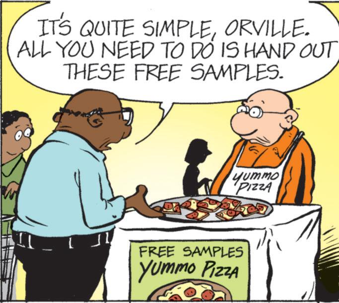Animation OCR: IT'S QUITE SIMPLEORVILLE. ALL YOU NEED TO DO IS HAND OUT. THESE FREE SAMPLES. yummo PIZZA W FREE SAMPLES YummO PIZZA IT'S QUITE SIMPLEORVILLE . ALL YOU NEED TO DO IS HAND OUT . THESE FREE SAMPLES . yummo PIZZA W FREE SAMPLES YummO PIZZA