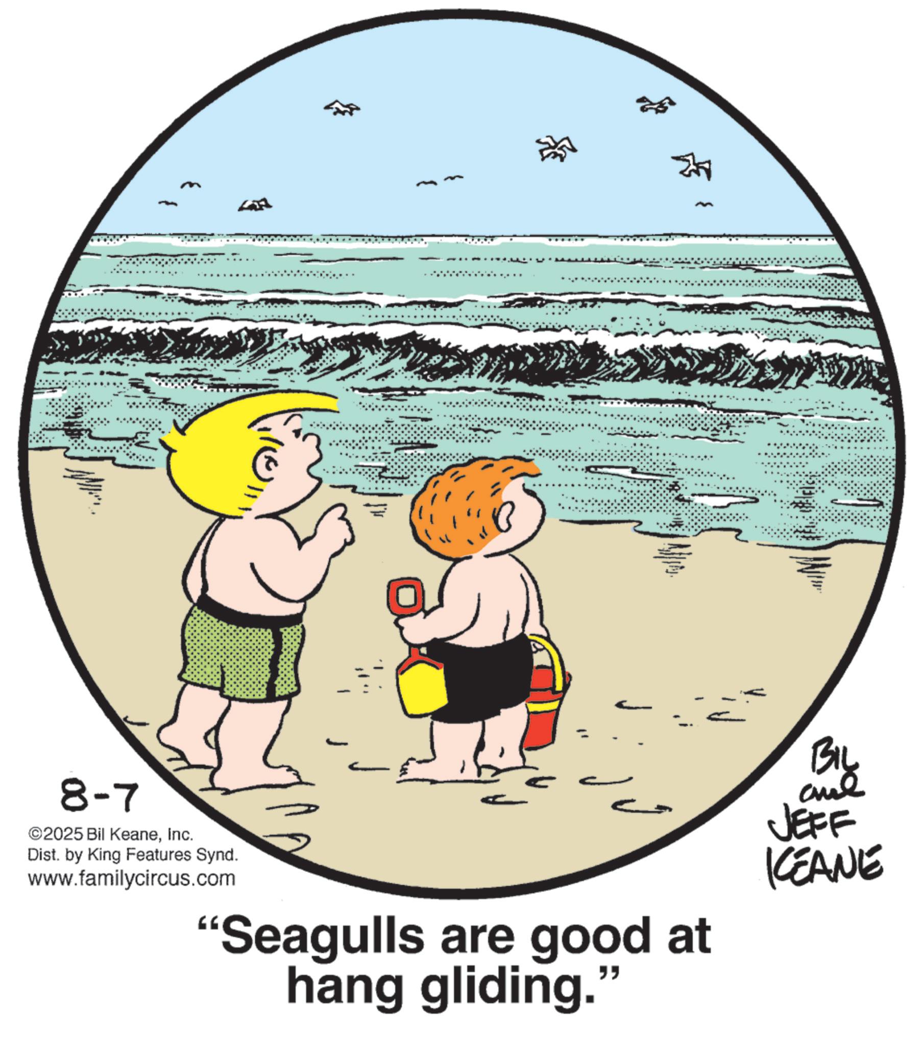 Fictional character OCR: 8-7 ©2025 Bil KeaneInc. Dist. by King Features Synd. www.familycircus.com "Seagulls are good at hang gliding." BIL aul JEFF KCEANE 8-7 © 2025 Bil KeaneInc. Dist . by King Features Synd . www.familycircus.com " Seagulls are good at hang gliding . " BIL aul JEFF KCEANE