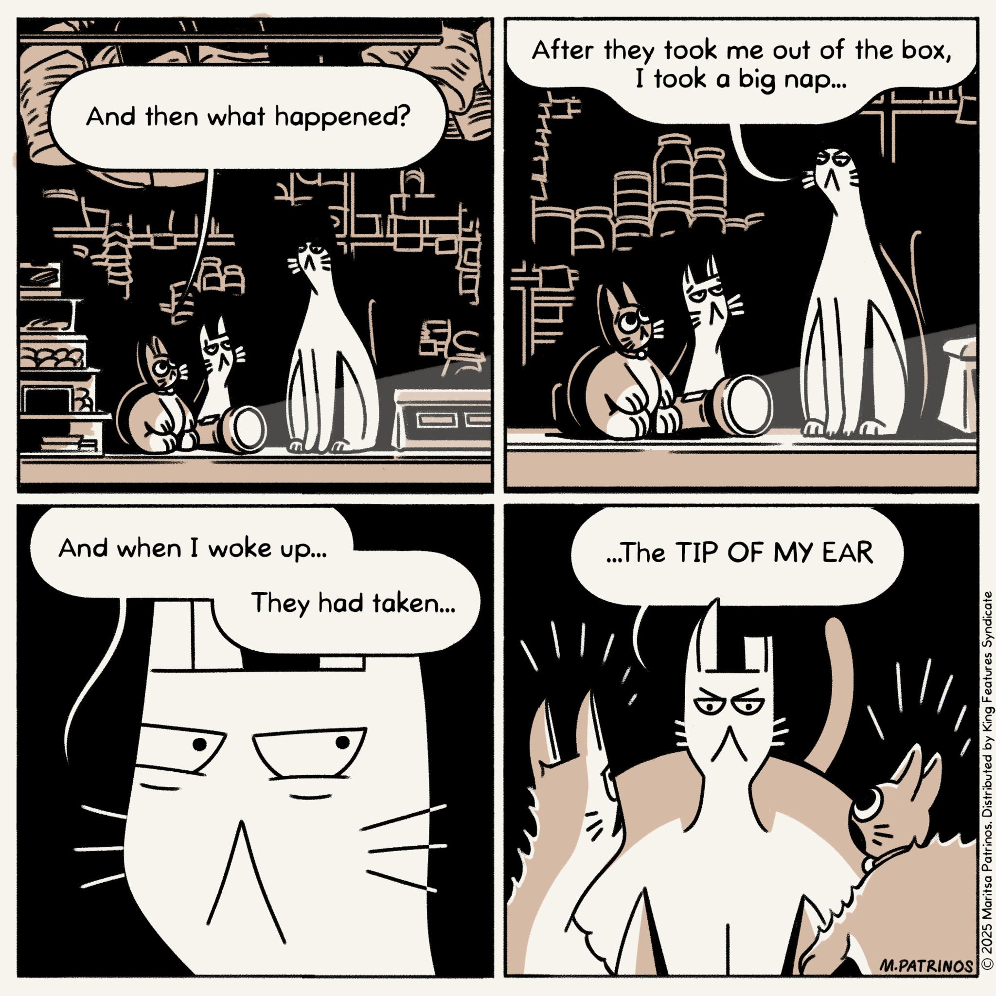 Graphics OCR: And then what happened? After they took me out of the boxI took a big nap... And when I woke up... M ?? DI ? ? ??? They had taken... ...The TIP OF MY EAR ? ?? M.PATRINOS © 2025 Maritsa Patrinos. Distributed by King Features Syndicate And then what happened ? After they took me out of the boxI took a big nap ... And when I woke up ... M ?? DI ? ? ??? They had taken ... ... The TIP OF MY EAR ? ?? M.PATRINOS © 2025 Maritsa Patrinos . Distributed by King Features Syndicate