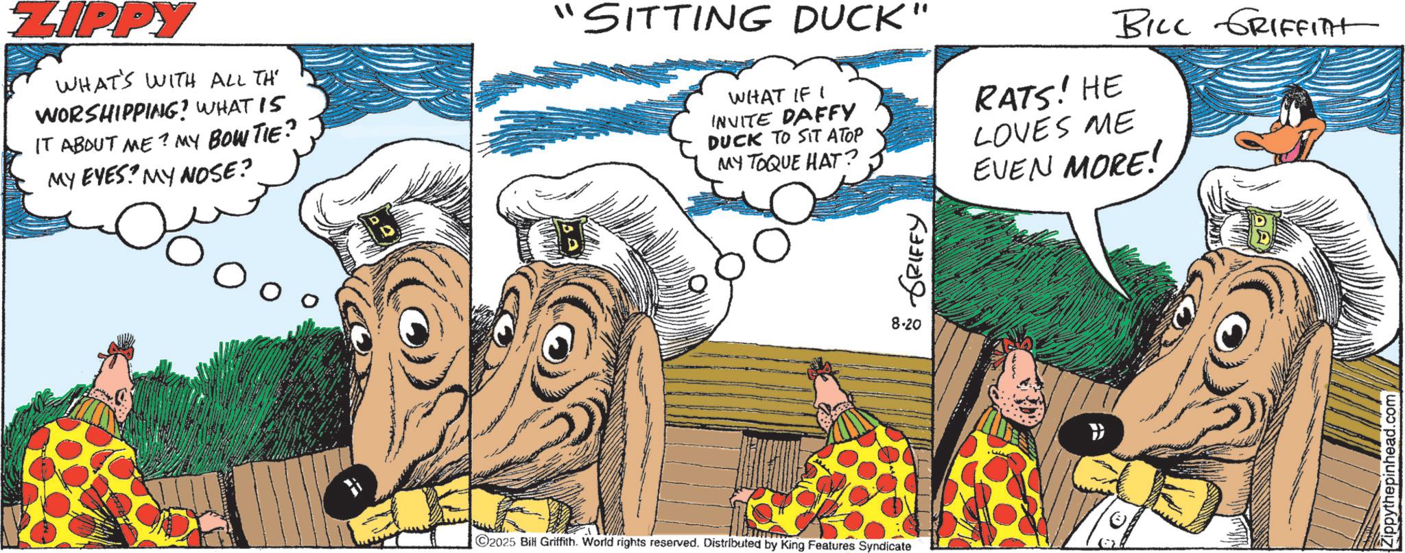 Fictional character OCR: ZIPPY WHAT'S WITH ALL TH WORSHIPPING? WHAT IS IT ABOUT ME? MY BOW TIE? MY EYES? MY NOSE? O o o SITTING DUCK" WHAT IF I INVITE DAFFY DUCK TO SIT ATOP MY TOQUE HAT? GRIFFY RATS! HE BILL GRIFFITHT LOVES ME EVEN MORE! C2025 Bill Griffith. World rights reserved. Distributed by King Features Syndicate 8-20 Zippythepinhead.com ZIPPY WHAT'S WITH ALL TH WORSHIPPING ? WHAT IS IT ABOUT ME ? MY BOW TIE ? MY EYES ? MY NOSE ? O o o SITTING DUCK " WHAT IF I INVITE DAFFY DUCK TO SIT ATOP MY TOQUE HAT ? GRIFFY RATS ! HE BILL GRIFFITHT LOVES ME EVEN MORE ! C2025 Bill Griffith . World rights reserved . Distributed by King Features Syndicate 8-20 Zippythepinhead.com