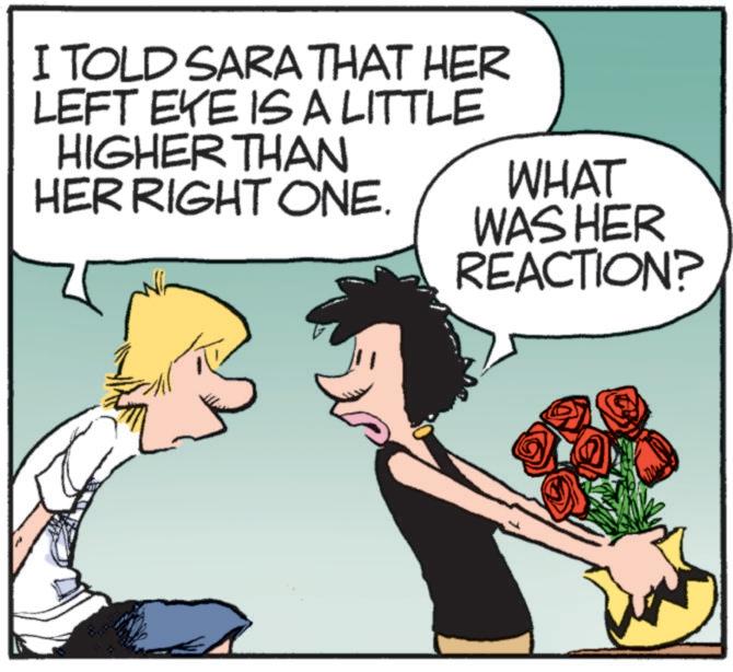 Comics OCR: I TOLD SARA THAT HER LEFT EYE IS A LITTLE HIGHER THAN HER RIGHT ONE. WHAT WASHER REACTION? I TOLD SARA THAT HER LEFT EYE IS A LITTLE HIGHER THAN HER RIGHT ONE . WHAT WASHER REACTION ?