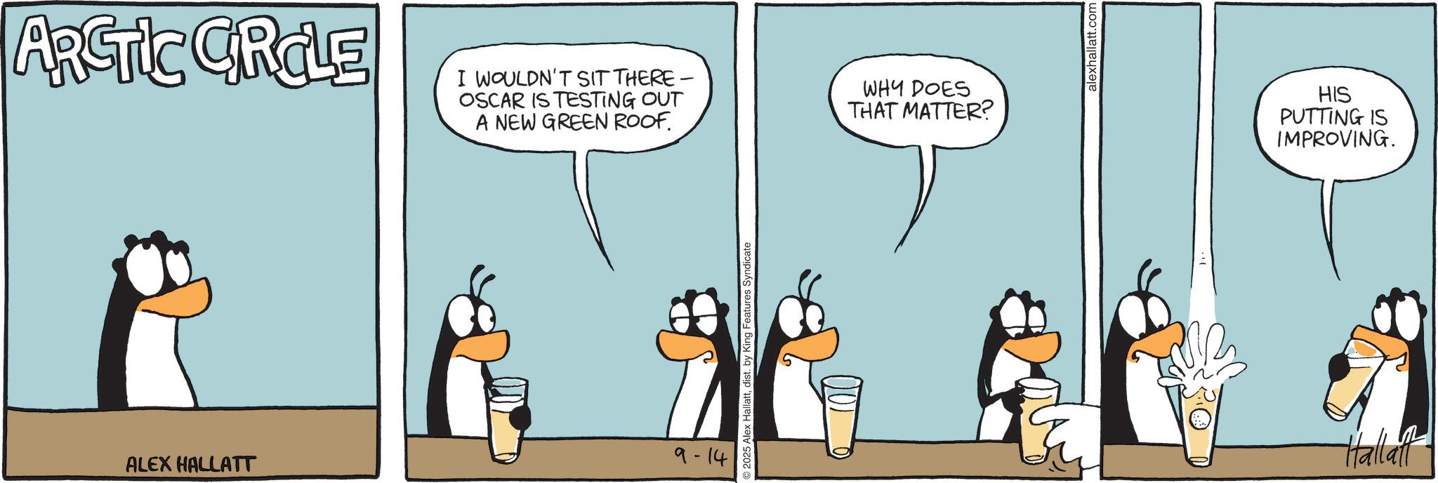 Flightless bird OCR: ARCTIC GROLE I WOULDN'T SIT THERE- OSCAR IS TESTING OUT A NEW GREEN ROOF. WHY DOES THAT MATTER? ALEX HALLATT 9-14 2025 Alex Hallattdist. by King Features Syndicate alexhallatt.com HIS PUTTING IS IMPROVING. Hallaff ARCTIC GROLE I WOULDN'T SIT THERE- OSCAR IS TESTING OUT A NEW GREEN ROOF . WHY DOES THAT MATTER ? ALEX HALLATT 9-14 2025 Alex Hallattdist . by King Features Syndicate alexhallatt.com HIS PUTTING IS IMPROVING . Hallaff