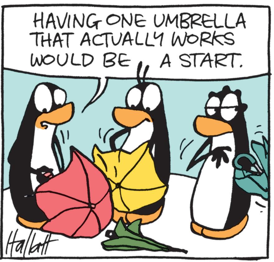 Photo caption OCR: HAVING ONE UMBRELLA THAT ACTUALLY WORKS WOULD BE A START. Hallatt HAVING ONE UMBRELLA THAT ACTUALLY WORKS WOULD BE A START . Hallatt