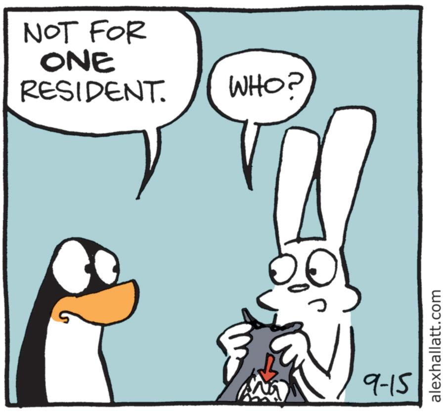 Animated cartoon OCR: NOT FOR ONE RESIDENT. WHO? ? 9-15 alexhallatt.com NOT FOR ONE RESIDENT . WHO ? ? 9-15 alexhallatt.com