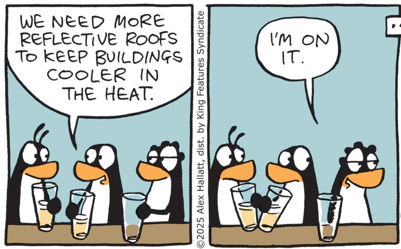 Photo caption OCR: WE NEED MORE REFLECTIVE ROOFS TO KEEP BUILDINGS COOLER IN THE HEAT. O2025 Alex Hallattdist. by King Features Syndicate I'M ON IT. WE NEED MORE REFLECTIVE ROOFS TO KEEP BUILDINGS COOLER IN THE HEAT . O2025 Alex Hallattdist . by King Features Syndicate I'M ON IT .