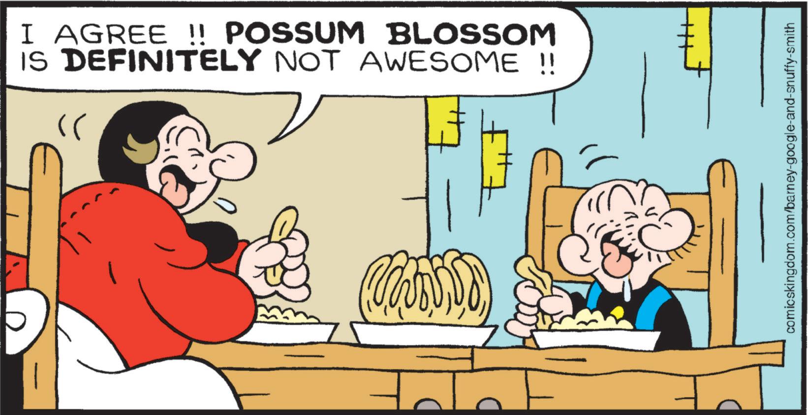 Fiction OCR: I AGREE !! POSSUM BLOSSOM IS DEFINITELY NOT AWESOME !! " comicskingdom.com/barney-google-and-snuffy-smith I AGREE !! POSSUM BLOSSOM IS DEFINITELY NOT AWESOME !! " comicskingdom.com/barney-google-and-snuffy-smith