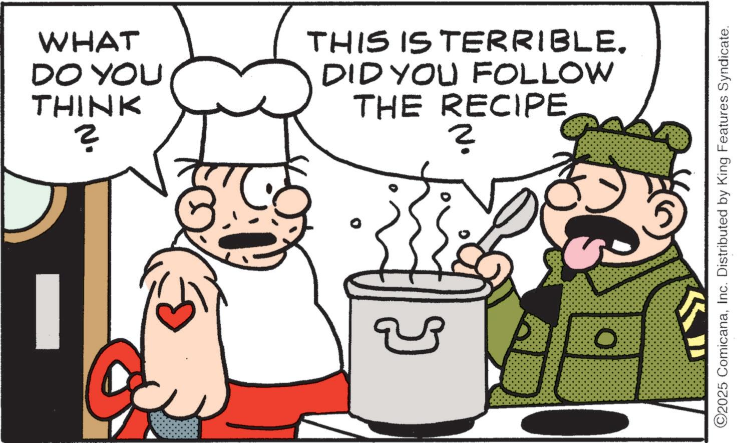 Line art OCR: WHAT DO YOU THINK N. THIS IS TERRIBLE. DID YOU FOLLOW THE RECIPE ? ©2025 ComicanaInc. Distributed by King Features Syndicate. O WHAT DO YOU THINK N. THIS IS TERRIBLE . DID YOU FOLLOW THE RECIPE ? © 2025 ComicanaInc. Distributed by King Features Syndicate . O