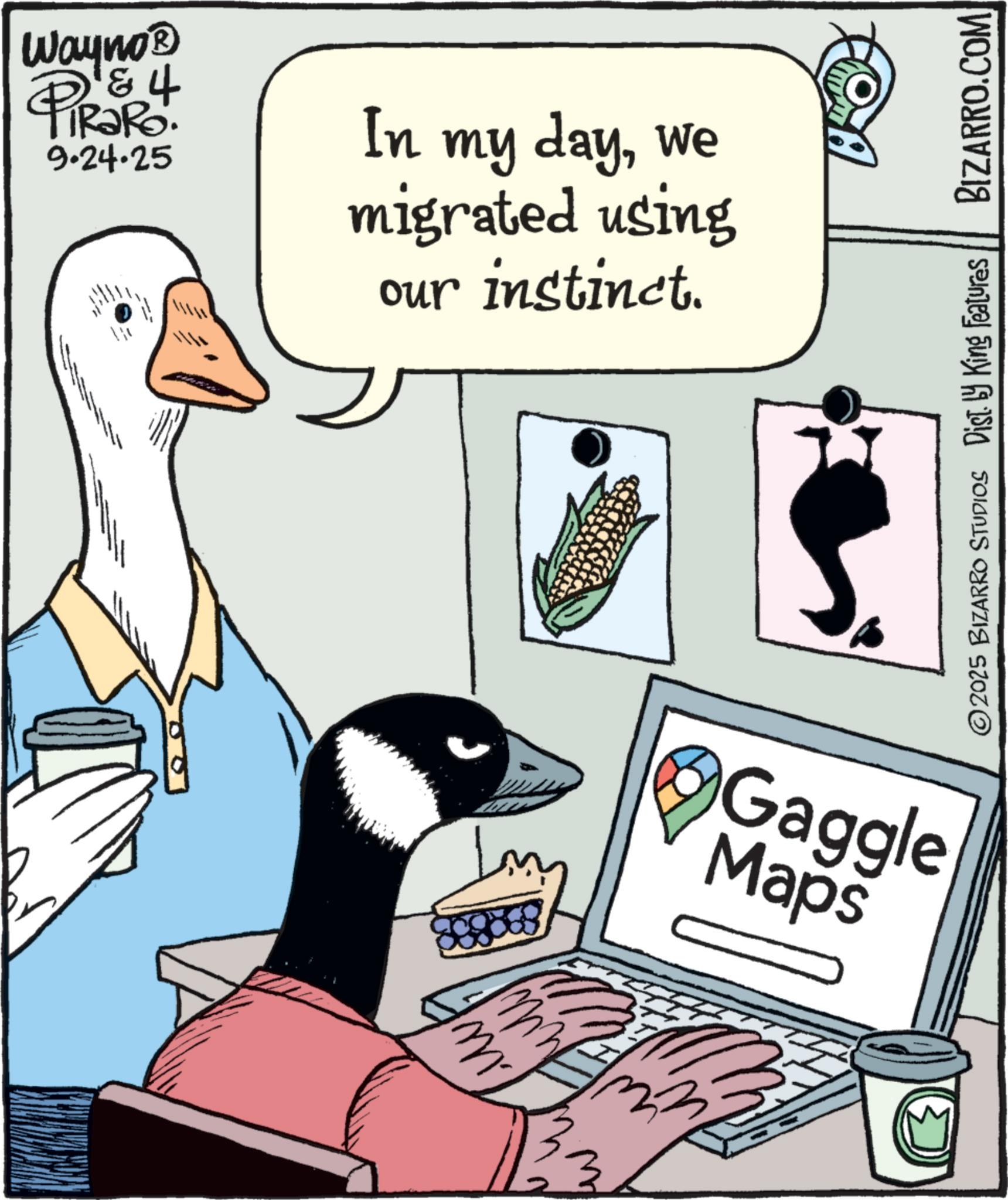 Portable communications device OCR: ? 899898 Gaggle Maps & Wayno? PiRaRo 9.24.25 We In my daymigrated using our instinct. © 2025 BIZARRO STUDIOS Dist. by King Features BROXY BIZARRO.COM ? 899898 Gaggle Maps & Wayno? PiRaRo 9.24.25 We In my daymigrated using our instinct . © 2025 BIZARRO STUDIOS Dist . by King Features BROXY BIZARRO.COM