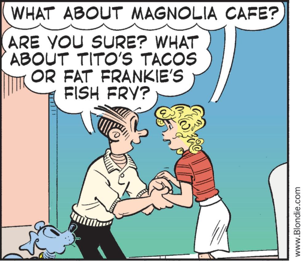 Animation OCR: WHAT ABOUT MAGNOLIA CAFE? ARE YOU SURE? WHAT ABOUT TITO'S TACOS OR FAT FRANKIE'S FISH FRY? www.Blondie.com WHAT ABOUT MAGNOLIA CAFE ? ARE YOU SURE ? WHAT ABOUT TITO'S TACOS OR FAT FRANKIE'S FISH FRY ? www.Blondie.com