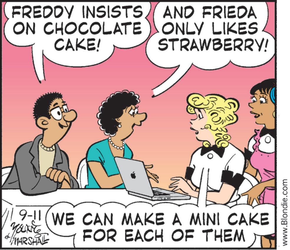 Fictional character OCR: FREDDY INSISTS. AND FRIEDA ON CHOCOLATE CAKE! ONLY LIKES STRAWBERRY! & 9-11 (WE CAN MAKE A MINI CAKE FOR EACH OF THEM You're MARSHAL www.Blondie.com FREDDY INSISTS . AND FRIEDA ON CHOCOLATE CAKE ! ONLY LIKES STRAWBERRY ! & 9-11 ( WE CAN MAKE A MINI CAKE FOR EACH OF THEM You're MARSHAL www.Blondie.com