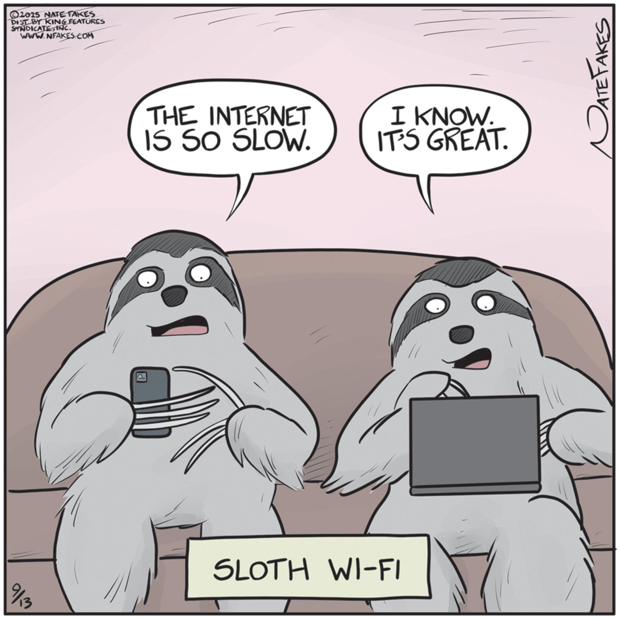 Photo caption OCR: 2025 NATE FAKES DIST BY KING FEATURES SYNDICATEINC. WWW.NFAKES.COM THE INTERNET IS SO SLOW. I KNOW. IT'S GREAT. 9/13 SLOTH WI-FI DATE FAKES 2025 NATE FAKES DIST BY KING FEATURES SYNDICATEINC . WWW.NFAKES.COM THE INTERNET IS SO SLOW . I KNOW . IT'S GREAT . 9/13 SLOTH WI - FI DATE FAKES
