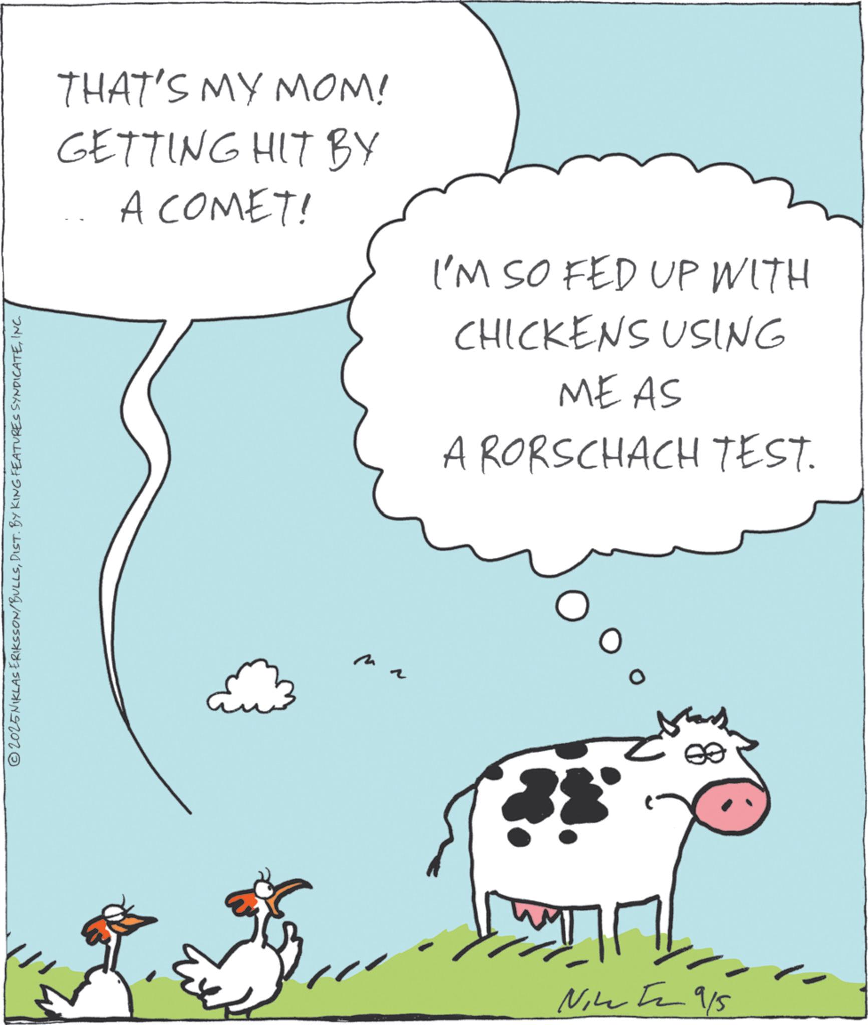 Animated cartoon OCR: © 2025 NIKLAS ERIKSSON/BULLSINC. THAT'S MY MOM! GETTING HIT BY A COMET! I'M SO FED UP WITH CHICKENS USING MEAS A RORSCHACH TEST. N Nice 2 9/5 © 2025 NIKLAS ERIKSSON / BULLSDIST . BY KING FEATURES SYNDICATEINC . THAT'S MY MOM ! GETTING HIT BY A COMET ! I'M SO FED UP WITH CHICKENS USING MEAS A RORSCHACH TEST . N Nice 2 9/5