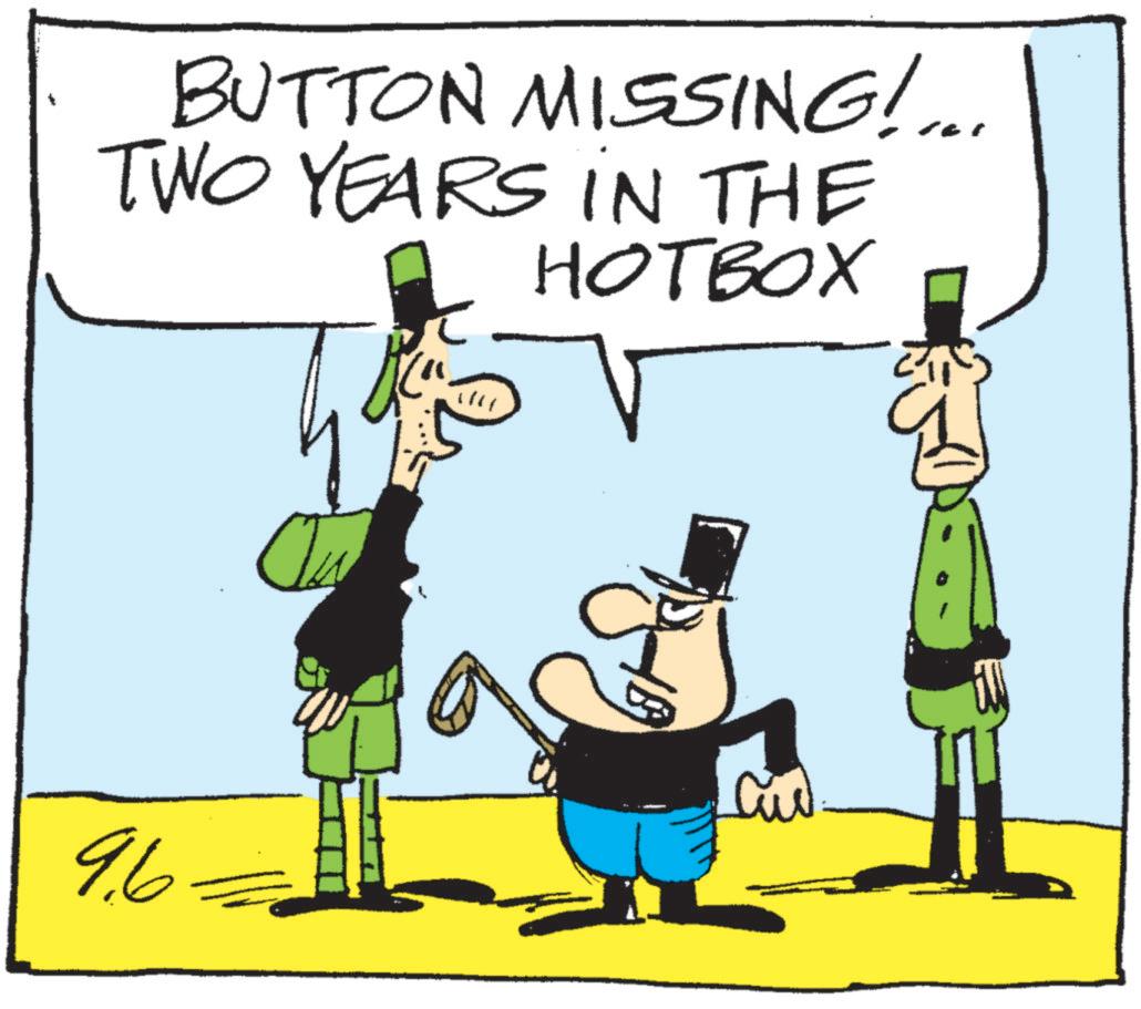 Photo caption OCR: BUTTON MISSING!... TWO YEARS IN THE HOTBOX 96. BUTTON MISSING ! ... TWO YEARS IN THE HOTBOX 96 .