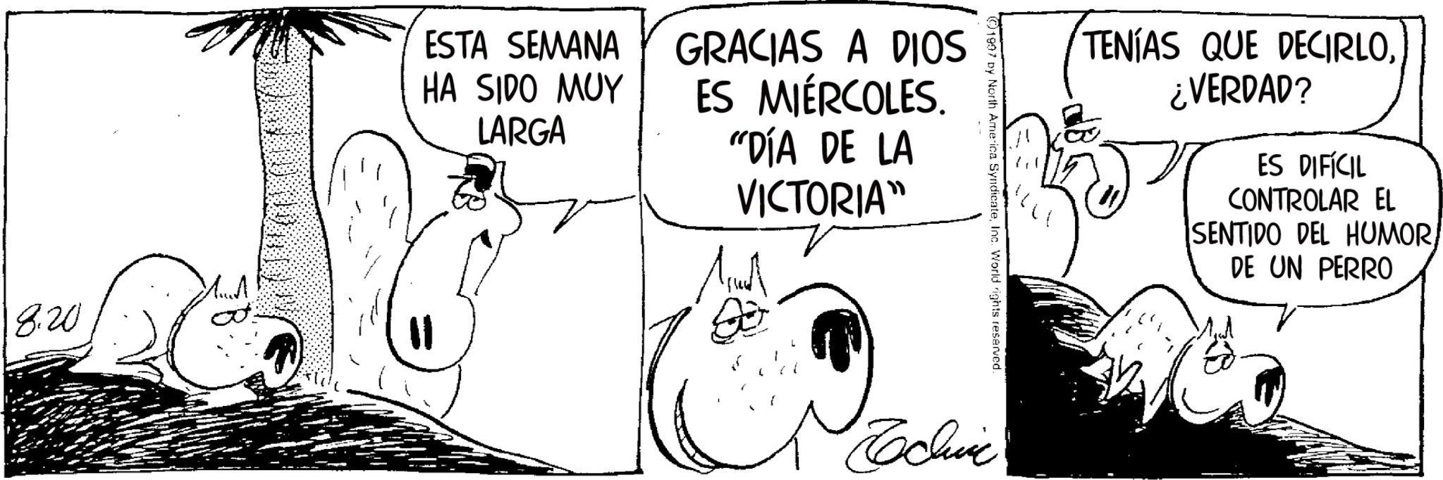 Fiction OCR: 8.20 ESTA SEMANA HA SIDO MUY LARGA GRACIAS A DIOS ES MIÉRCOLES. 8 "DÍA DE LA VICTORIA" Techinic 1897 by North America SyndicateInc. World rights reserved TENÍAS QUE DECIRLO¿VERDAD? ES DIFÍCIL CONTROLAR EL SENTIDO DEL HUMORDE UN PERRO 8.20 ESTA SEMANA HA SIDO MUY LARGA GRACIAS A DIOS ES MIÉRCOLES . 8 " DÍA DE LA VICTORIA " Techinic 1897 by North America SyndicateInc. World rights reserved TENÍAS QUE DECIRLO¿ VERDAD ? ES DIFÍCIL CONTROLAR EL SENTIDO DEL HUMORDE UN PERRO