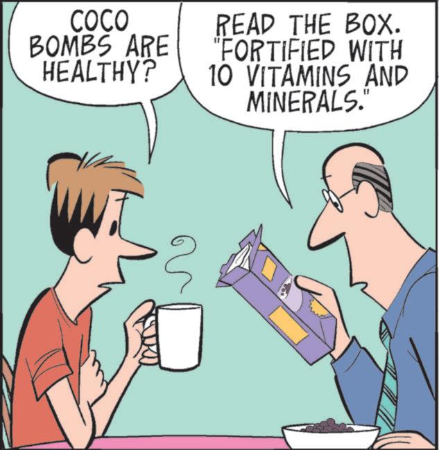 Animated cartoon OCR: COCO BOMBS ARE HEALTHY? READ THE BOX. FORTIFIED WITH 10 VITAMINS AND MINERALS! COCO BOMBS ARE HEALTHY ? READ THE BOX . FORTIFIED WITH 10 VITAMINS AND MINERALS !