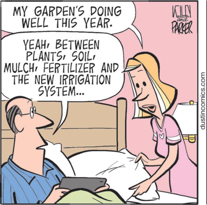 Pleased OCR: MY GARDEN'S DOING WELL THIS YEAR. YEAHBETWEEN PLANTSFERTILIZER AND THE NEW IRRIGATION SYSTEM... KILL PARKER and dustincomics.com MY GARDEN'S DOING WELL THIS YEAR . YEAHBETWEEN PLANTSFERTILIZER AND THE NEW IRRIGATION SYSTEM ... KILL PARKER and dustincomics.com