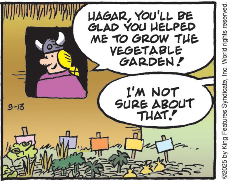 Animated cartoon OCR: ??? 9-13 HAGARYOU'LL BE GLAD YOU HELPED ME TO GROW THE VEGETABLE GARDEN! I'M NOT SURE ABOUT THAT." PA ©2025 by King Features SyndicateInc. World rights reserved. ??? 9-13 HAGARYOU'LL BE GLAD YOU HELPED ME TO GROW THE VEGETABLE GARDEN ! I'M NOT SURE ABOUT THAT . " PA © 2025 by King Features SyndicateInc. World rights reserved .