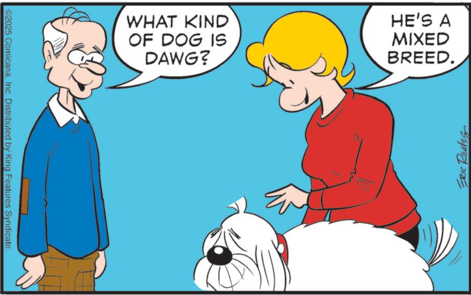 Fiction OCR: ©2025 ComicanaInc. Distributed by King Features Syndicate. WHAT KIND OF DOG IS DAWG? HE'S A MIXED BREED. ERIC REAVES © 2025 ComicanaInc. Distributed by King Features Syndicate . WHAT KIND OF DOG IS DAWG ? HE'S A MIXED BREED . ERIC REAVES