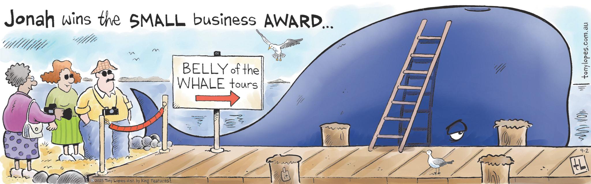 Animated cartoon OCR: Jonah wins the SMALL business AWARD... 2025 Tony Lopes dist. by King Features! M BELLY of the WHALE tours HL 9-2 F tonylopes.com.au Jonah wins the SMALL business AWARD ... 2025 Tony Lopes dist . by King Features ! M BELLY of the WHALE tours HL 9-2 F tonylopes.com.au