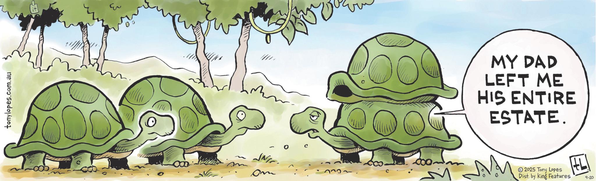 Gopher tortoises OCR: tonylopes.com.au ? Eu -- om MY DAD LEFT ME HIS ENTIRE ESTATE. AM © 2025 Tony Lopes Dist. by King Features 9-20 tonylopes.com.au ? Eu -- om MY DAD LEFT ME HIS ENTIRE ESTATE . AM © 2025 Tony Lopes Dist . by King Features 9-20
