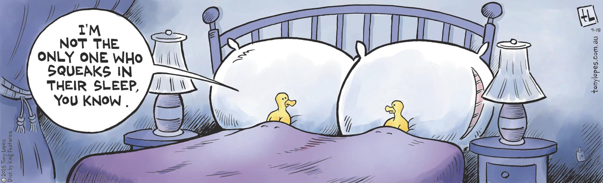 Comics OCR: 2025 Tony Lopes Dist. by King Features I'M NOT THE ONLY ONE WHO SQUEAKS IN THEIR SLEEPYOU KNOW. M tonylopes.com.au 771 9-18 2025 Tony Lopes Dist . by King Features I'M NOT THE ONLY ONE WHO SQUEAKS IN THEIR SLEEPYOU KNOW . M tonylopes.com.au 771 9-18