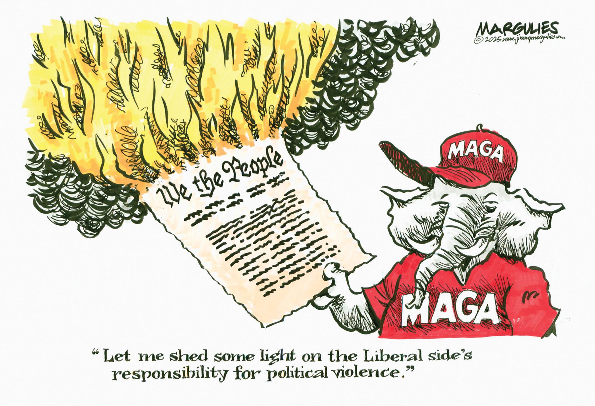 Graphic design OCR: We the People MARGULIES 2025 www.jimmymargulies in MAGA MAGA "Let me shed some light on the Liberal side's responsibility for political violence." We the People MARGULIES 2025 www.jimmymargulies in MAGA MAGA " Let me shed some light on the Liberal side's responsibility for political violence . "
