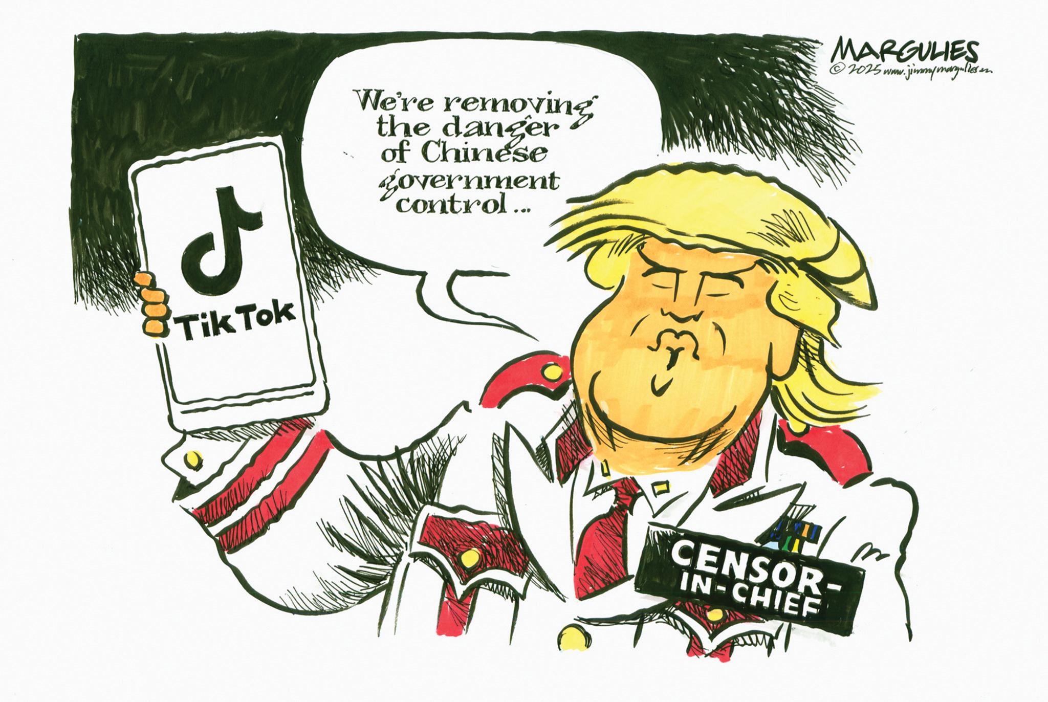 Animation OCR: ? We're removing the danger of Chinese government control... MARGULIES 2025 www.jimmymargulieren Tik Tok CENSOR- IN-CHIEF m ? We're removing the danger of Chinese government control ... MARGULIES 2025 www.jimmymargulieren Tik Tok CENSOR- IN - CHIEF m
